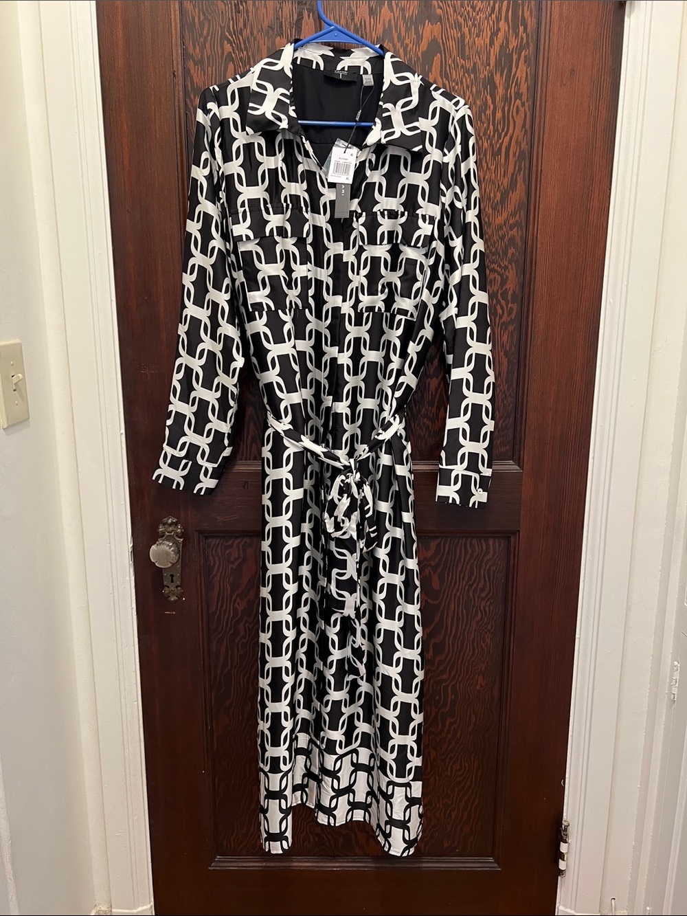Tahari Black and White Geometric Long Sleeve Shirt Dress